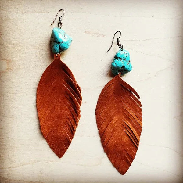 Tan Suede Feather Earrings with Turquoise Chunks - BeautySecrets4u