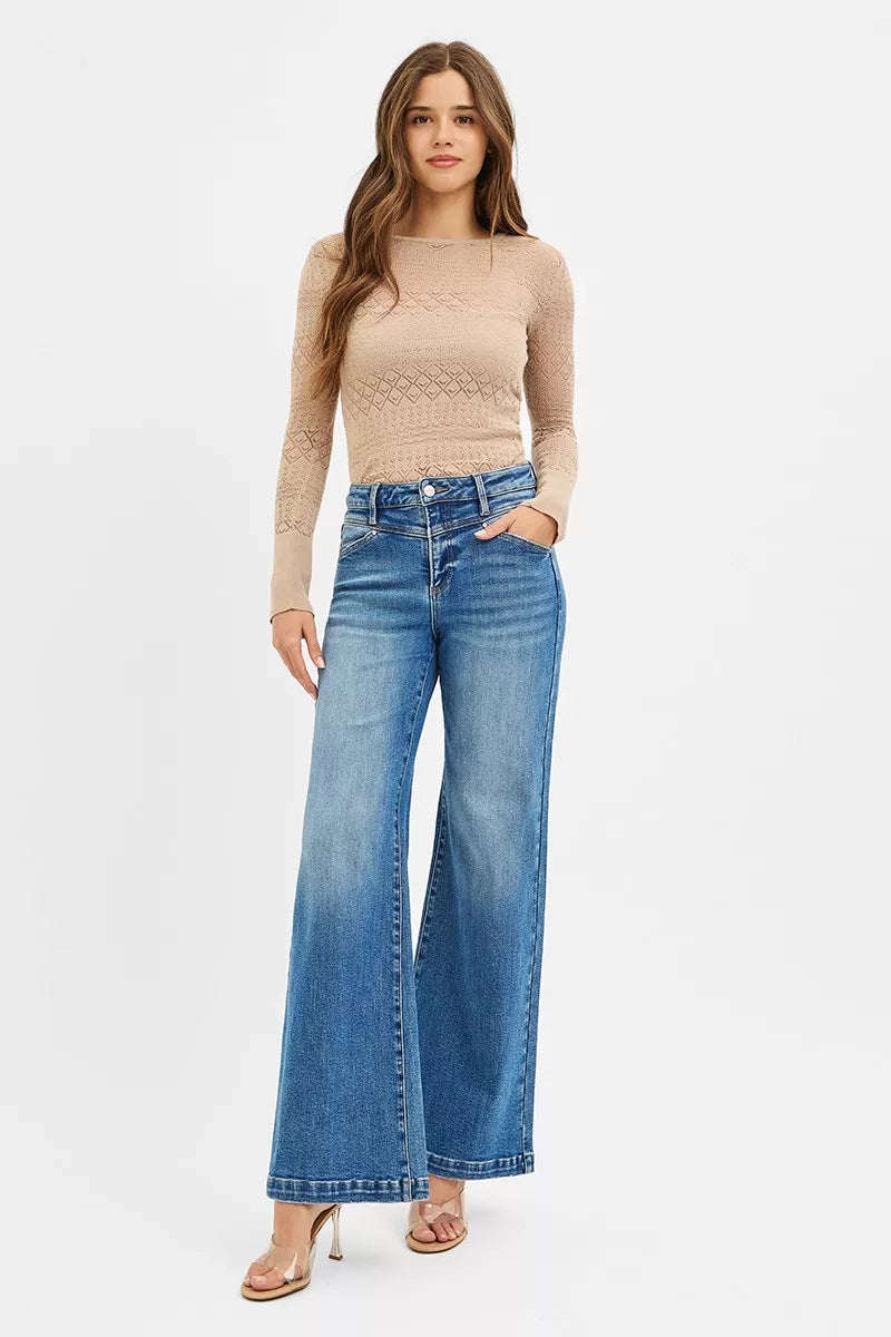 RISEN High Rise Wide Leg Jeans with Front Yoke and Heart Back Pocket - BeautySecrets4u