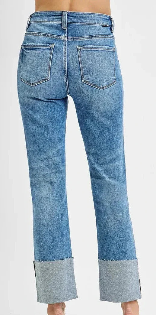 RISEN Full Size High Rise Ankle Straight Wide Cuffed Jeans - BeautySecrets4u