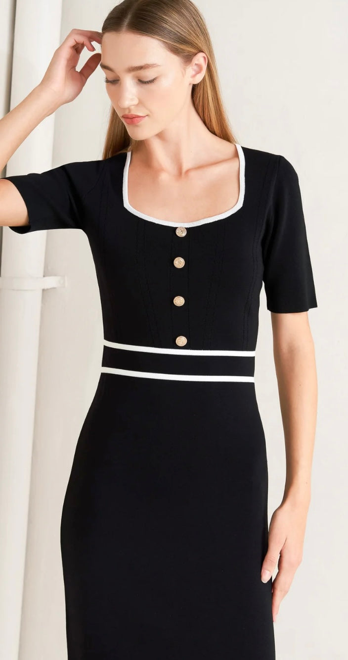 A sweater knit midi dress featuring square neckline, short sleeve and front button detail