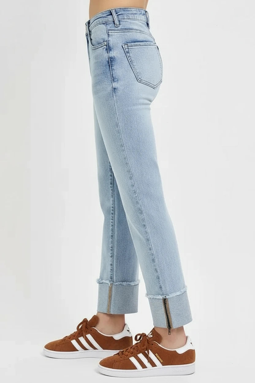 RISEN High Rise Straight Cuffed Relaxed Jeans - BeautySecrets4u
