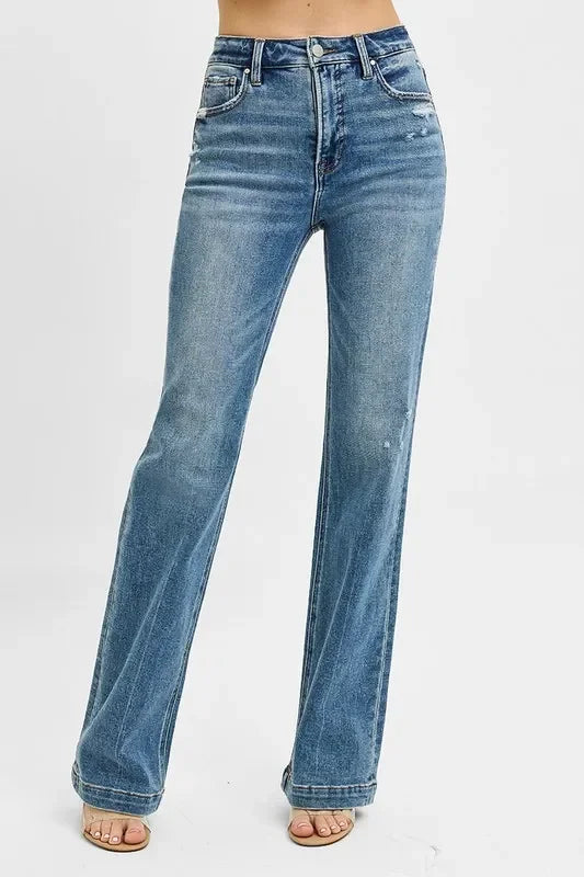 RISEN Full Size Distressed Detail Bootcut Jeans - BeautySecrets4u