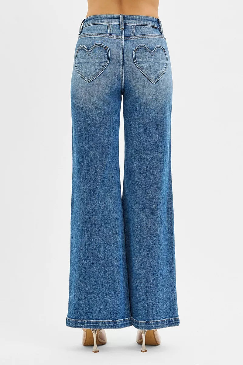 RISEN High Rise Wide Leg Jeans with Front Yoke and Heart Back Pocket - BeautySecrets4u