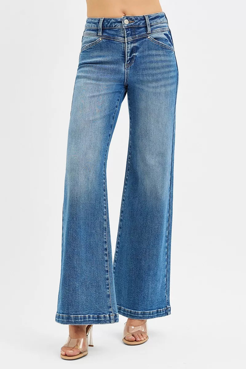 RISEN High Rise Wide Leg Jeans with Front Yoke and Heart Back Pocket - BeautySecrets4u