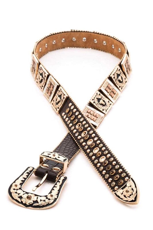 Leather Long Horn Concho Crystal Western Belt - BeautySecrets4u