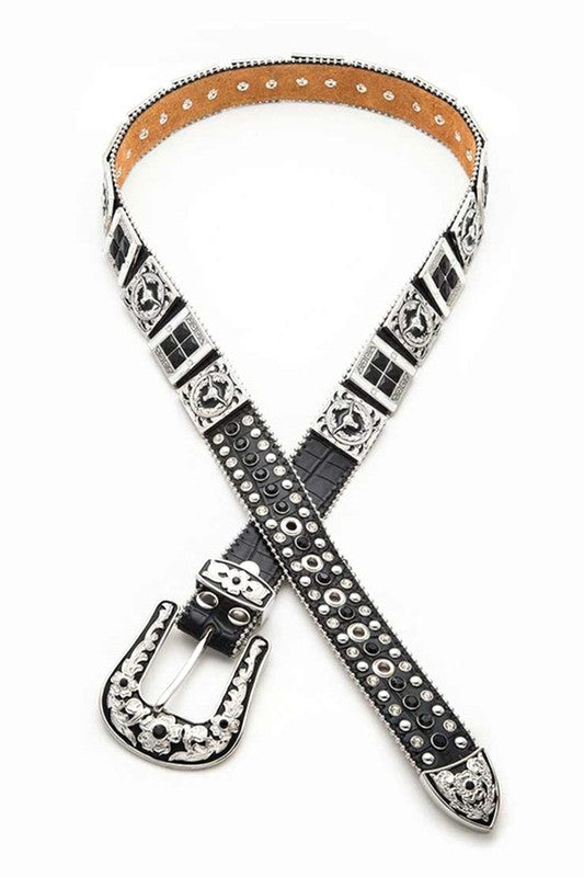 Leather Long Horn Concho Crystal Western Belt - BeautySecrets4u