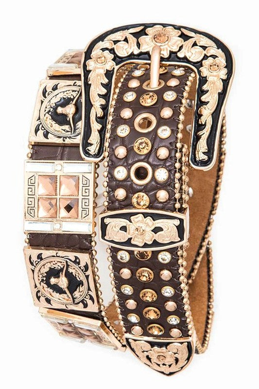 Leather Long Horn Concho Crystal Western Belt - BeautySecrets4u