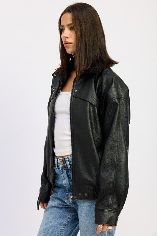 THE EMMA SHEARLING COLLAR VEGAN LEATHER JACKET - BeautySecrets4u