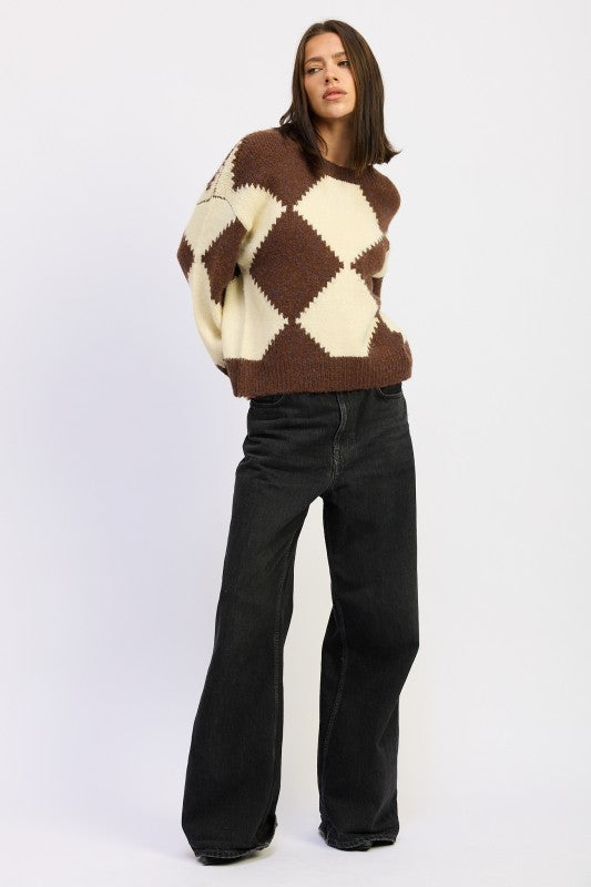 TWO TONE ARGYLE OVERSIZED SWEATER - BeautySecrets4u