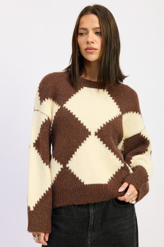 TWO TONE ARGYLE OVERSIZED SWEATER - BeautySecrets4u