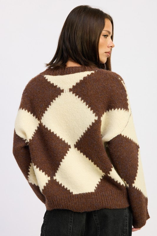 TWO TONE ARGYLE OVERSIZED SWEATER - BeautySecrets4u