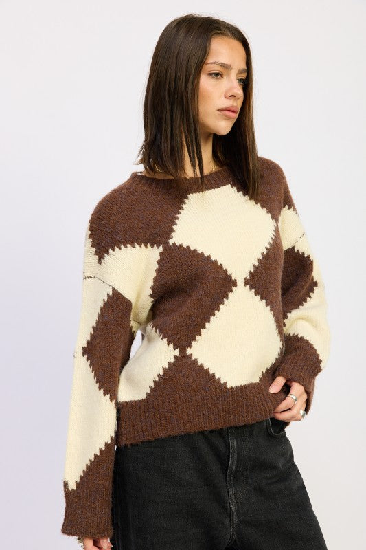 TWO TONE ARGYLE OVERSIZED SWEATER - BeautySecrets4u