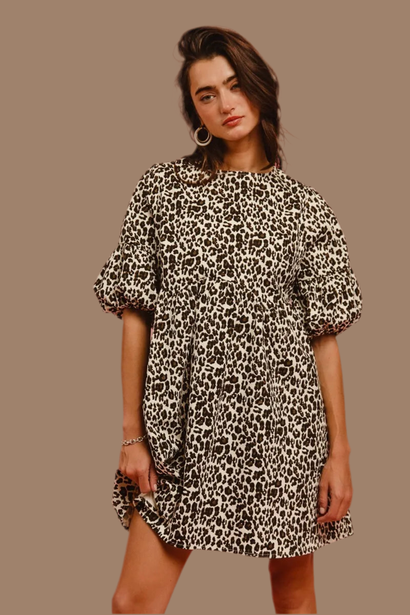 BiBi Leopard Denim Dress With Back Contrast Tie Detail