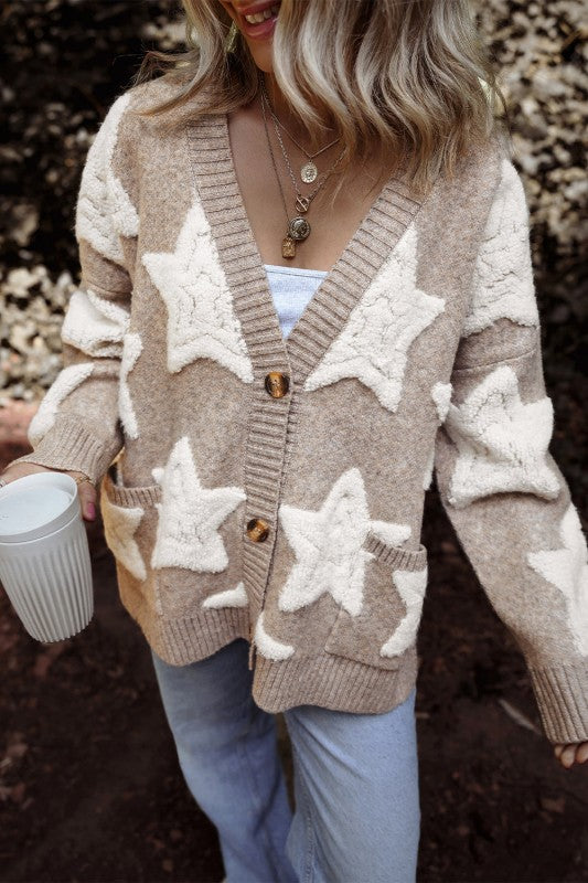 Star Sherpa Textured Buttoned Sweater Cardigan - BeautySecrets4u