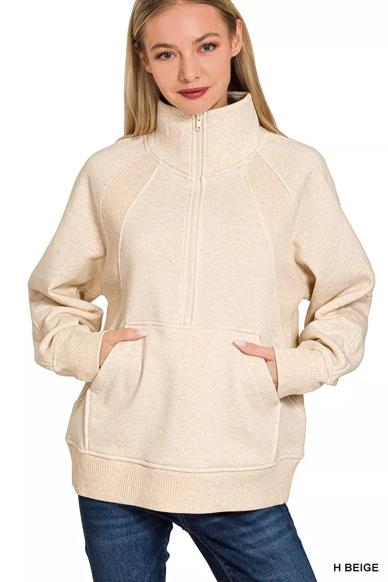 Zenana Half Zip Fleece Sweatshirt with kangaroo Pocket - BeautySecrets4u