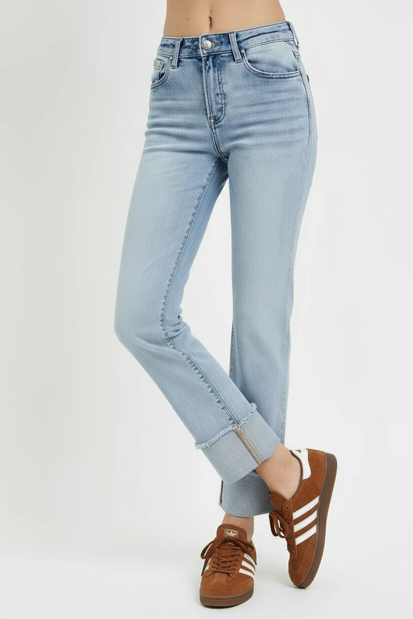 RISEN High Rise Straight Cuffed Relaxed Jeans - BeautySecrets4u