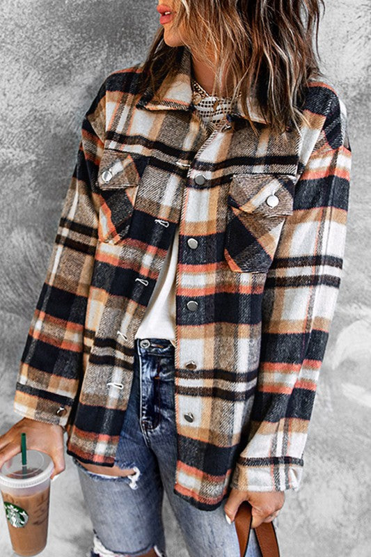 Plaid Pocketed Button Front Shacket - BeautySecrets4u
