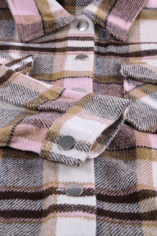 Plaid Pocketed Button Front Shacket - BeautySecrets4u