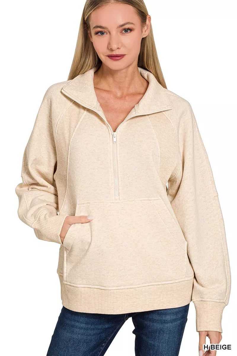 Zenana Half Zip Fleece Sweatshirt with kangaroo Pocket - BeautySecrets4u