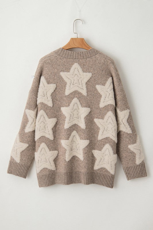 Star Sherpa Textured Buttoned Sweater Cardigan - BeautySecrets4u