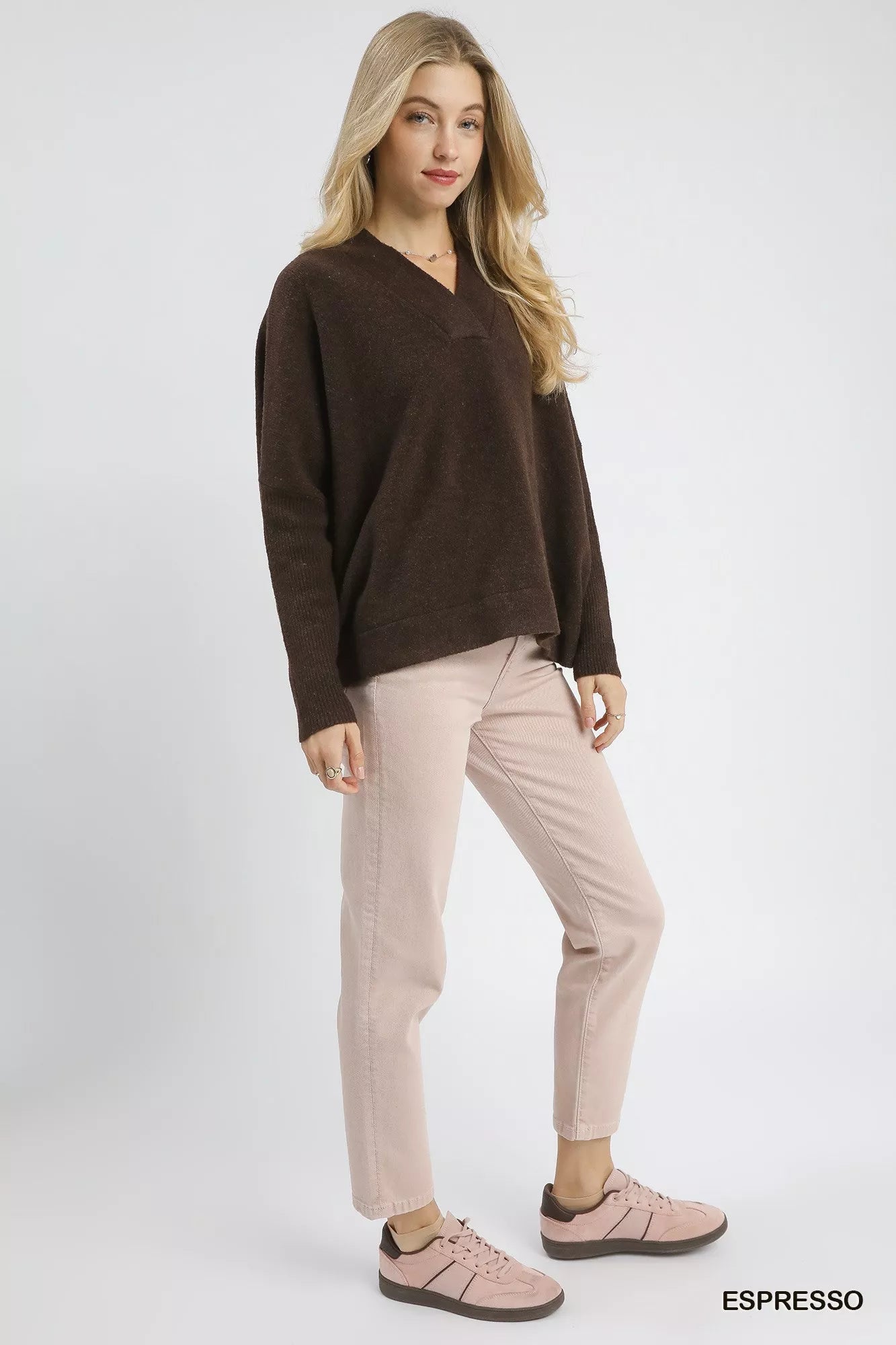 V-Neck Sweater with Wide Trim Detail - BeautySecrets4u
