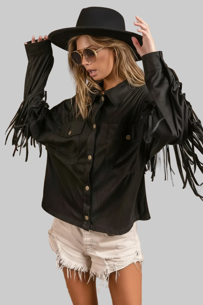 Suede Fringe Long Sleeve Jacket - BeautySecrets4u