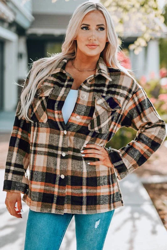 Plaid Pocketed Button Front Shacket - BeautySecrets4u