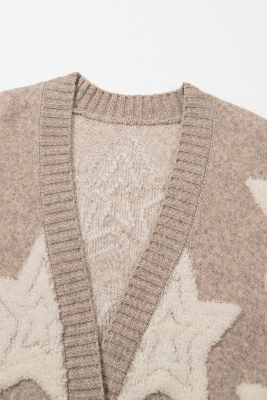 Star Sherpa Textured Buttoned Sweater Cardigan - BeautySecrets4u