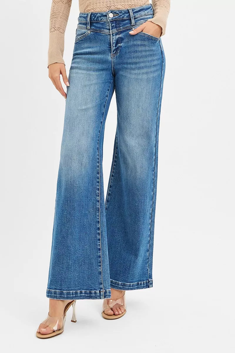 RISEN High Rise Wide Leg Jeans with Front Yoke and Heart Back Pocket - BeautySecrets4u