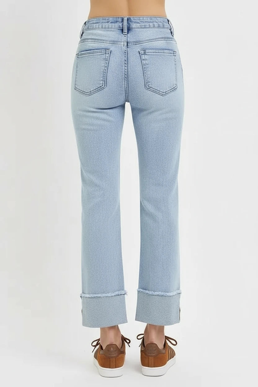 RISEN High Rise Straight Cuffed Relaxed Jeans - BeautySecrets4u