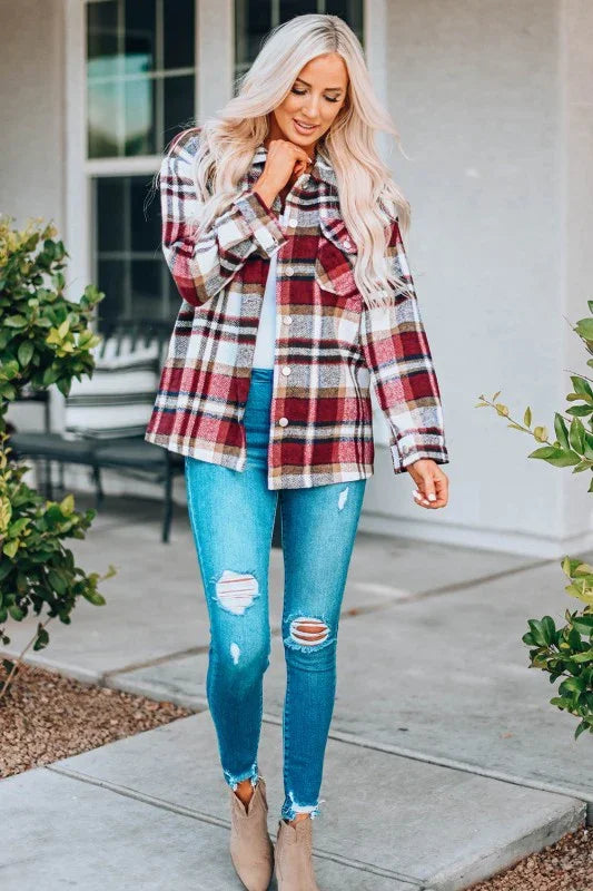 Plaid Pocketed Button Front Shacket - BeautySecrets4u