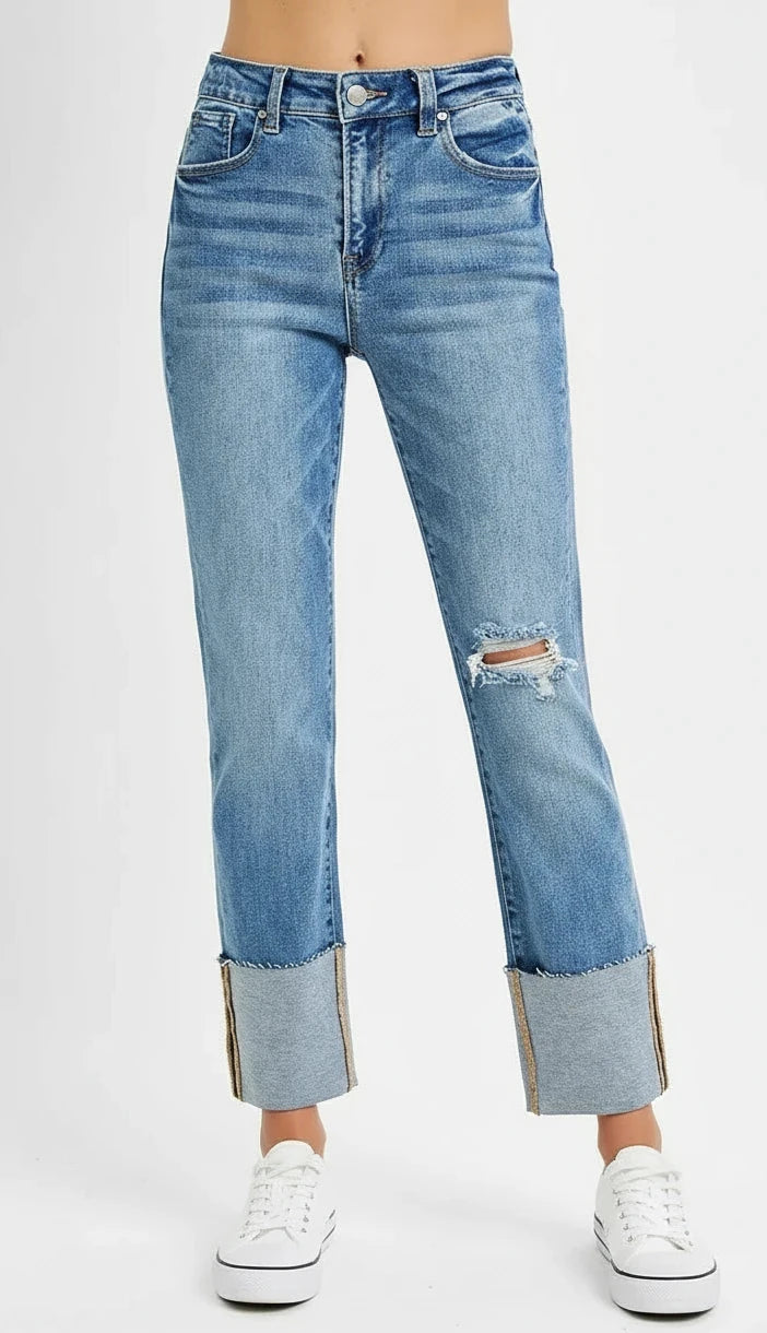 RISEN Full Size High Rise Ankle Straight Wide Cuffed Jeans - BeautySecrets4u
