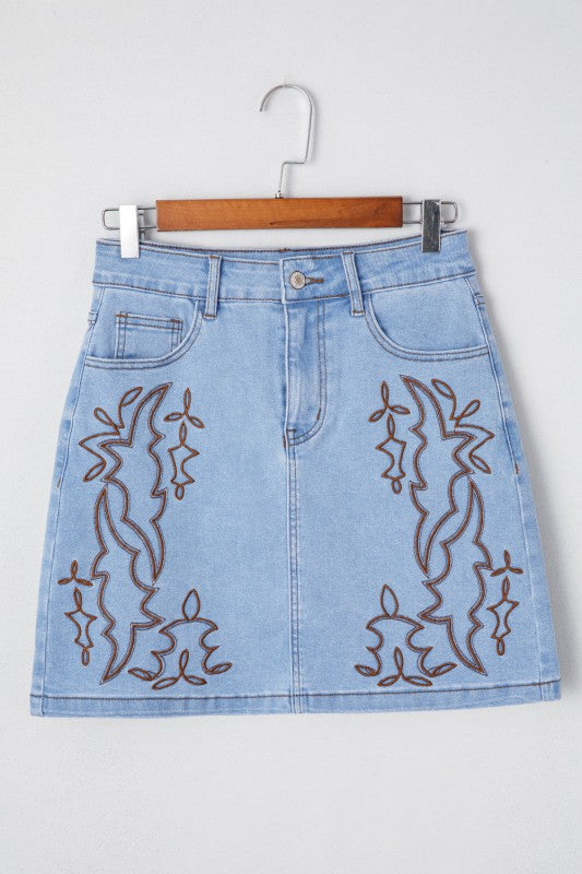 Western Embroidered Denim Mini Skirt - BeautySecrets4u