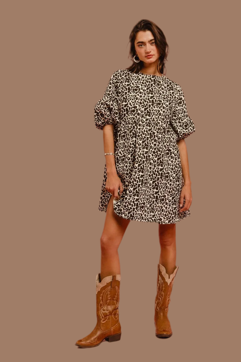 BiBi Leopard Denim Dress With Back Contrast Tie Detail