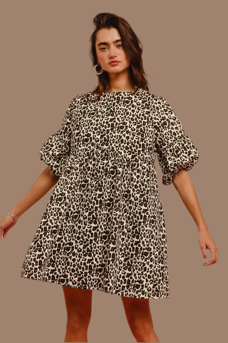 BiBi Leopard Denim Dress With Back Contrast Tie Detail