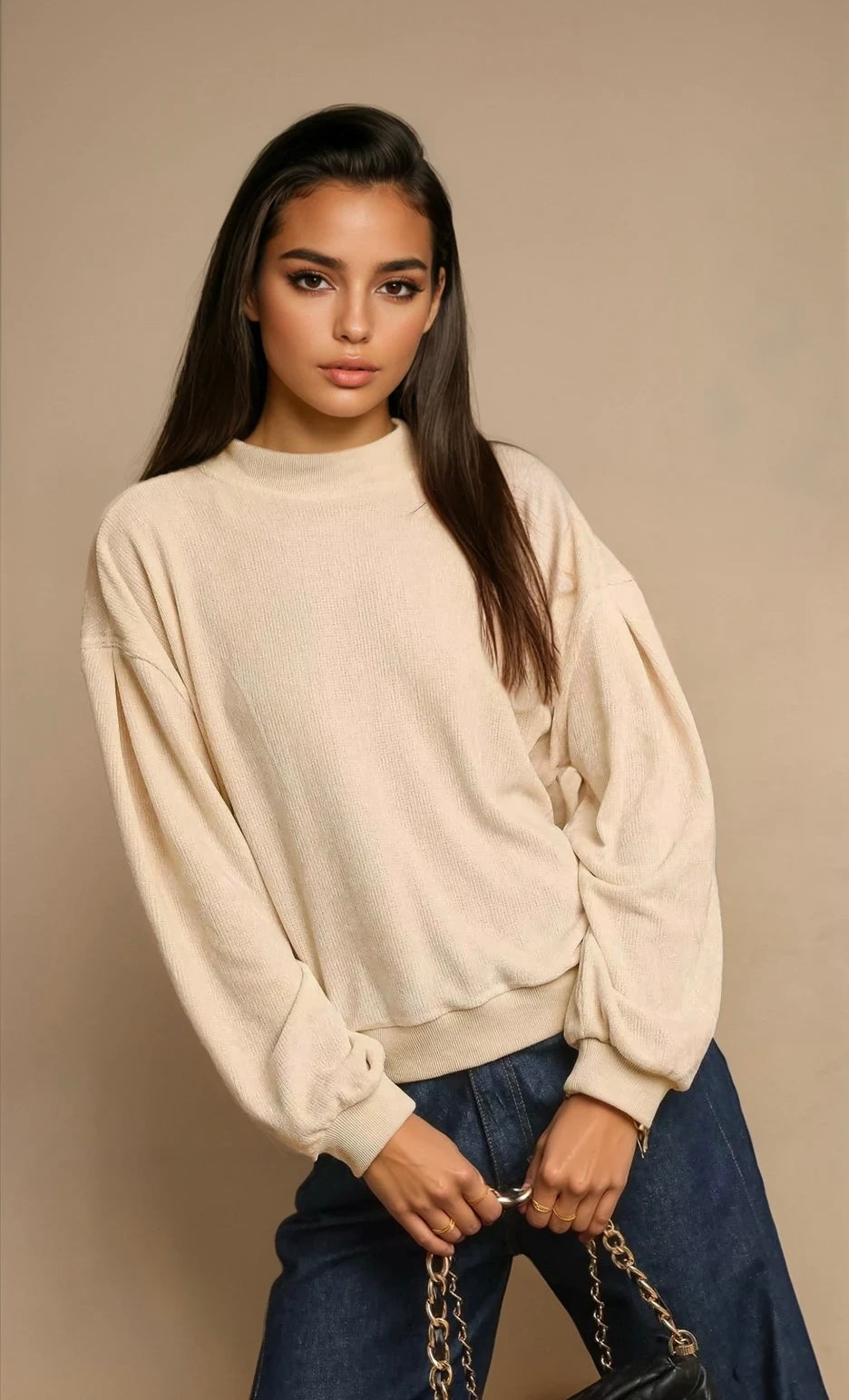 Velour Crewneck Balloon Sleeve Sweatshirt - BeautySecrets4u
