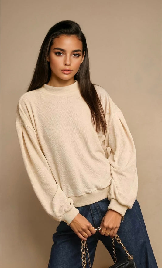 Velour Crewneck Balloon Sleeve Sweatshirt - BeautySecrets4u