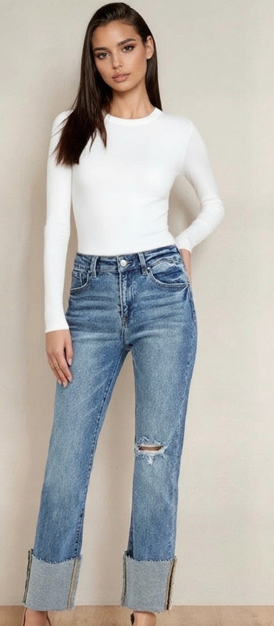 RISEN Full Size High Rise Ankle Straight Wide Cuffed Jeans