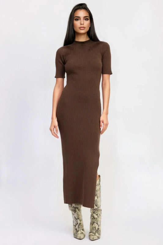 RIBBED SWEATER MIDI DRESS WITH SLIT - BeautySecrets4u