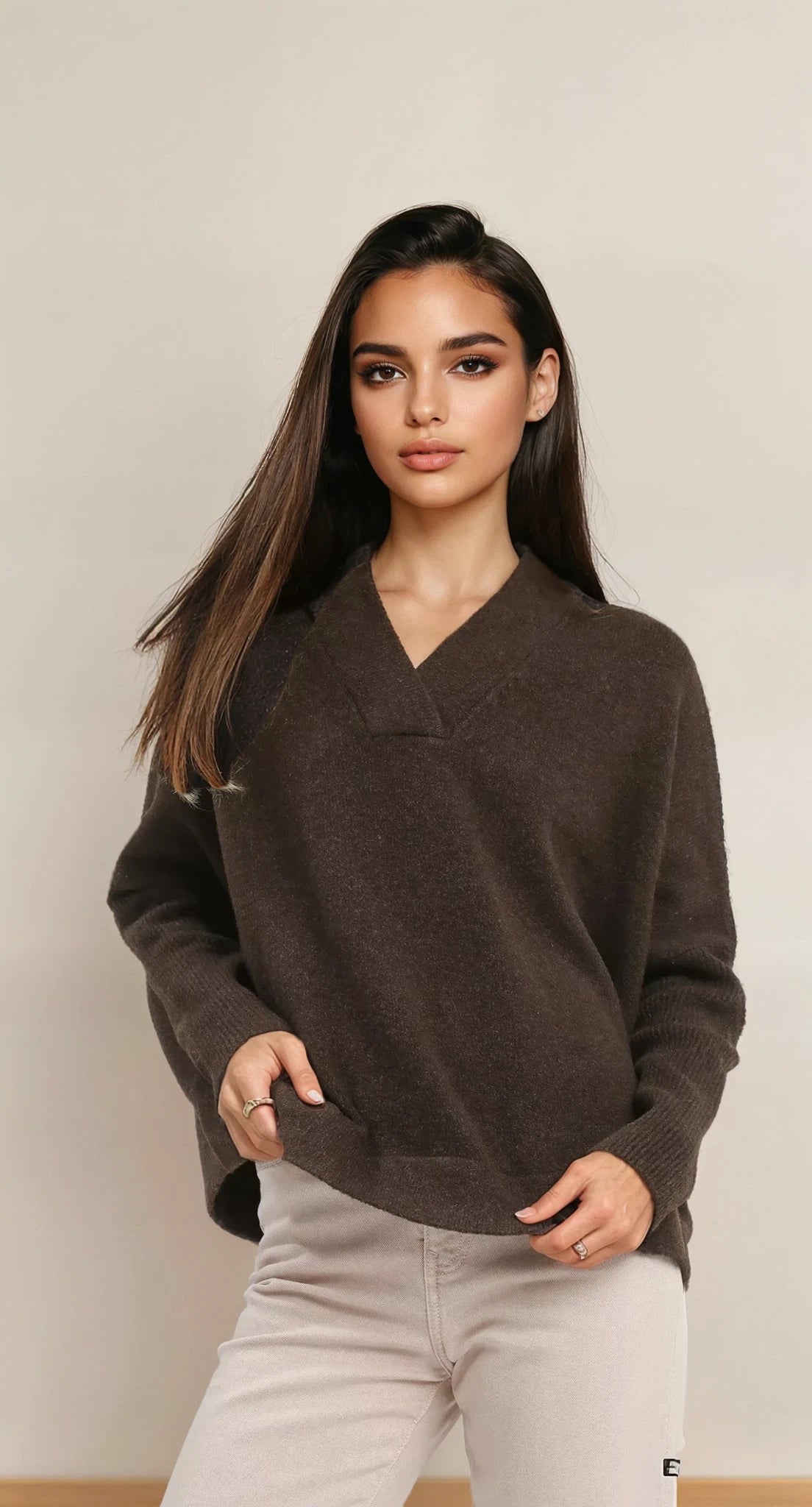 V-Neck Sweater with Wide Trim Detail - BeautySecrets4u