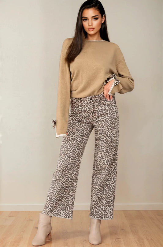 Leopard Bow Split Cuff Contrast Trim Sweater