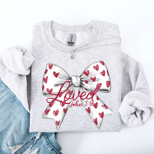 Loved, John 3 16, Valentine's Day, White, Love, Bow, Ribbon, Hearts, Christian, Faith Sweatshirt