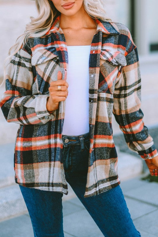 Plaid Pocketed Button Front Shacket - BeautySecrets4u