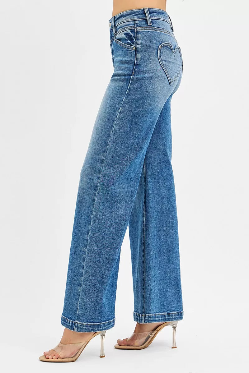 RISEN High Rise Wide Leg Jeans with Front Yoke and Heart Back Pocket - BeautySecrets4u