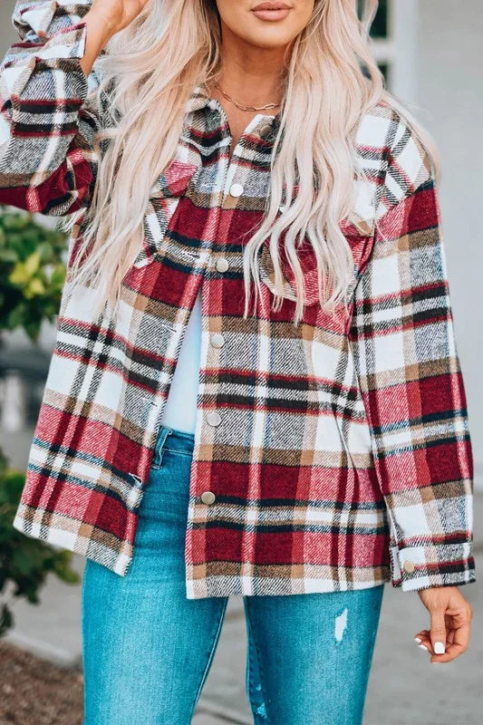 Plaid Pocketed Button Front Shacket - BeautySecrets4u