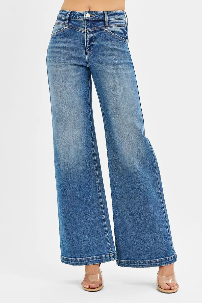 RISEN High Rise Wide Leg Jeans with Front Yoke and Heart Back Pocket - BeautySecrets4u
