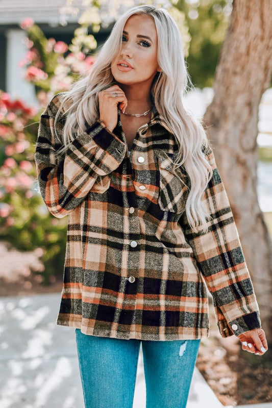 Plaid Pocketed Button Front Shacket - BeautySecrets4u