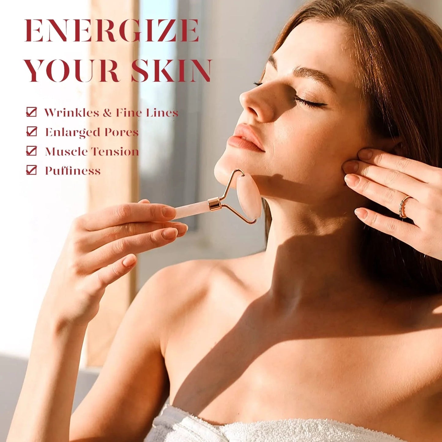 Jade Roller & Gua Sha, Natural Jade Face Roller Gua Sha Facial Tools Skin Care Massager, Pink