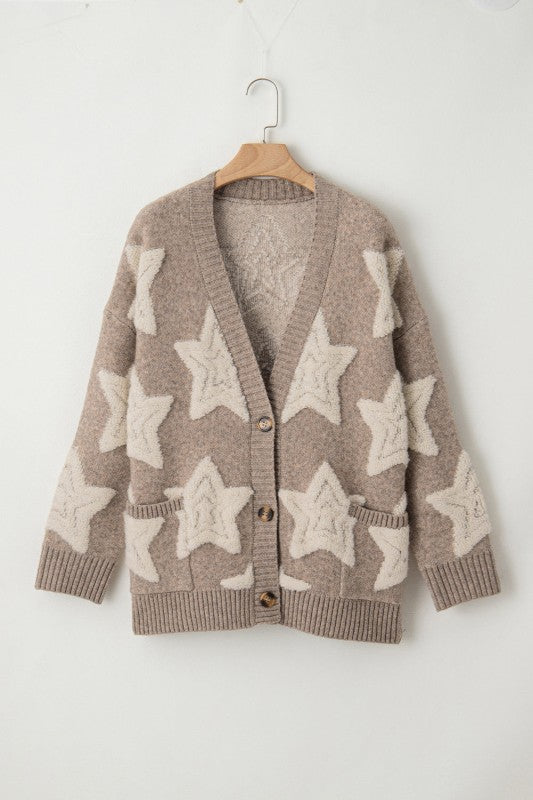 Star Sherpa Textured Buttoned Sweater Cardigan - BeautySecrets4u