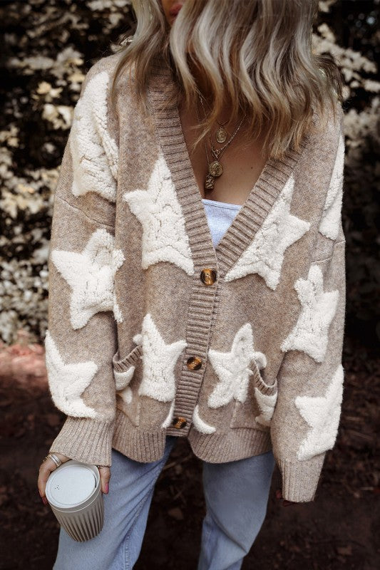 Star Sherpa Textured Buttoned Sweater Cardigan - BeautySecrets4u